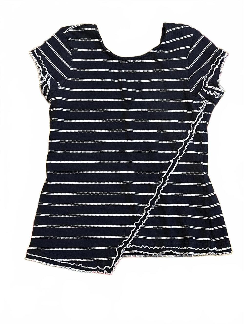 Derek Lam Black and White Striped Women's Top with Asymmetric Ruffle Detail